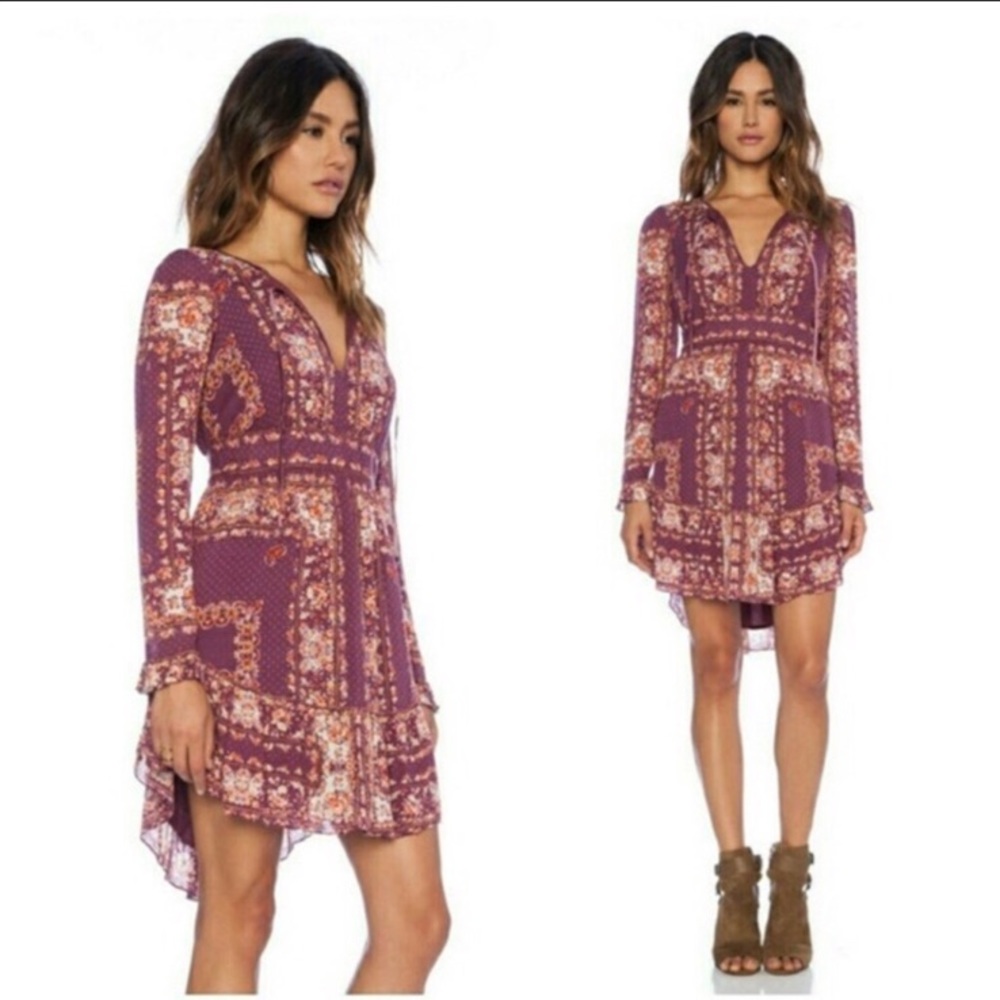 Free People Bridget Pink Pattern Dress w/ Tie Neck